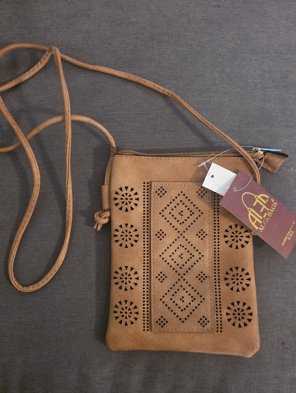 Tan Crossbody Bag with Laser-Cut Pattern